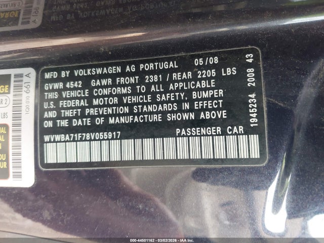 2008 Volkswagen Eos Komfort/turbo მანქანა იყიდება აუქციონზე, vin: WVWBA71F78V055917, აუქციონის ნომერი: 44501162