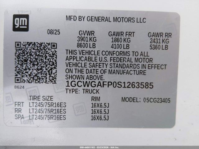 1GCWGAFP0S1263585 Chevrolet Express Cargo Rwd 2500 Regular Wheelbase Wt