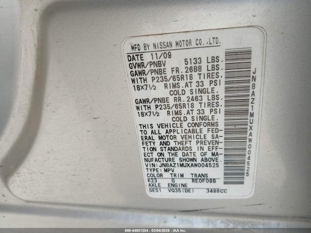 44501204 :رقم المزاد ، JN8AZ1MUXAW004525 vin ، 2010 Nissan Murano Sl مزاد بيع