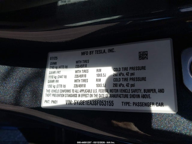 Aukcja sprzedaży 2025 Tesla Model 3 Long Range Rear-wheel Drive/standard Rear-wheel Drive, vin: 5YJ3E1EA3SF053155, numer aukcji: 44501207