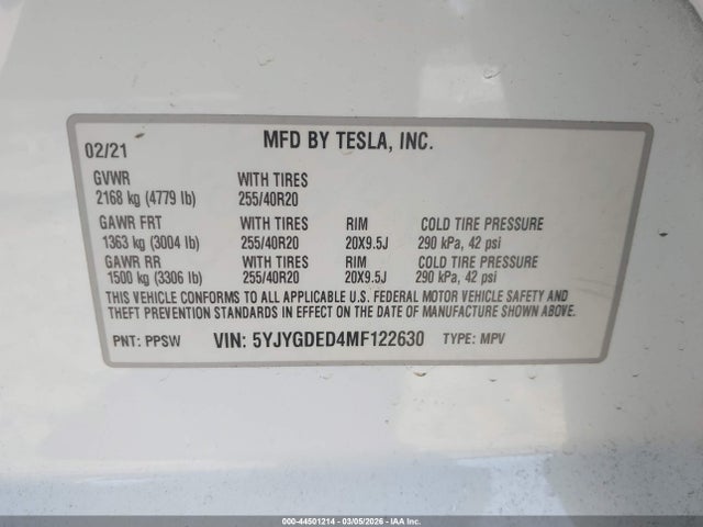 5YJYGDED4MF122630 Tesla Model Y Standard Range Rear-wheel Drive