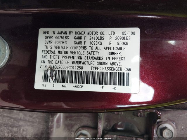 44501216 :رقم المزاد ، JH4CU26609C011258 vin ، 2009 Acura Tsx مزاد بيع