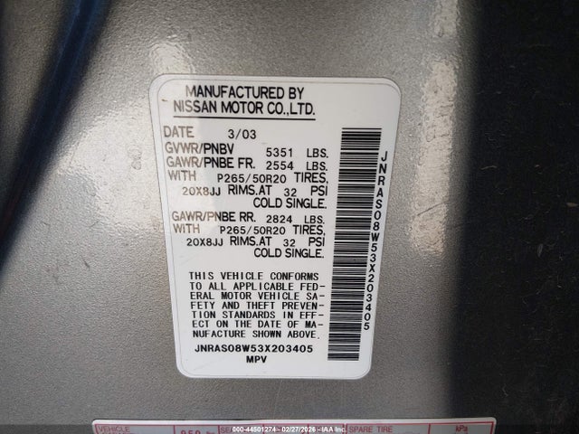 Aukcja sprzedaży 2003 Infiniti Fx35, vin: JNRAS08W53X203405, numer aukcji: 44501274