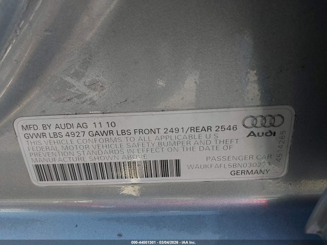 44501301 :رقم المزاد ، WAUKFAFL5BN030273 vin ، 2011 Audi A4 2.0t Premium مزاد بيع