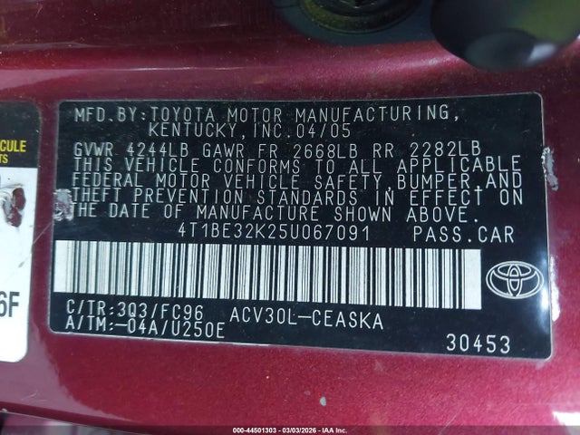 Продажа на аукционе авто 2005 Toyota Camry Se, vin: 4T1BE32K25U067091, номер лота: 44501303