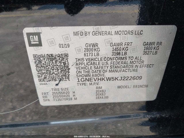 Продаж на аукціоні авто 2019 Chevrolet Traverse 3lt, vin: 1GNEVHKW5KJ222609, номер лоту: 44501374