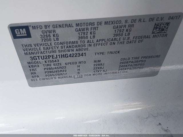 Aukcja sprzedaży 2017 Gmc Sierra 1500 Denali, vin: 3GTU2PEJ1HG422341, numer aukcji: 44501425