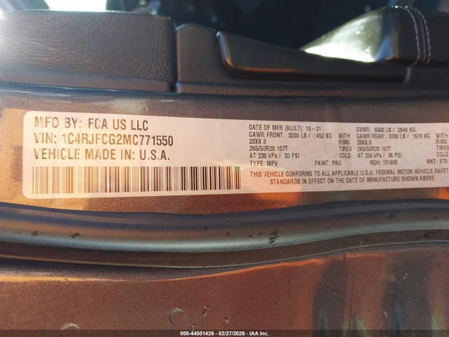 2021 Jeep Grand Cherokee Overland 4x4 მანქანა იყიდება აუქციონზე, vin: 1C4RJFCG2MC771550, აუქციონის ნომერი: 44501426