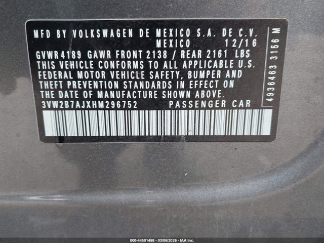 Продаж на аукціоні авто 2017 Volkswagen Jetta 1.4t S, vin: 3VW2B7AJXHM296752, номер лоту: 44501458