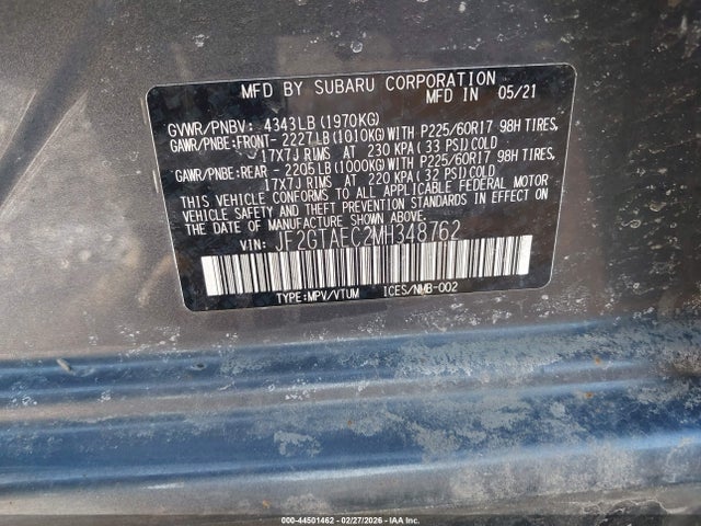 Aukcja sprzedaży 2021 Subaru Crosstrek Premium, vin: JF2GTAEC2MH348762, numer aukcji: 44501462