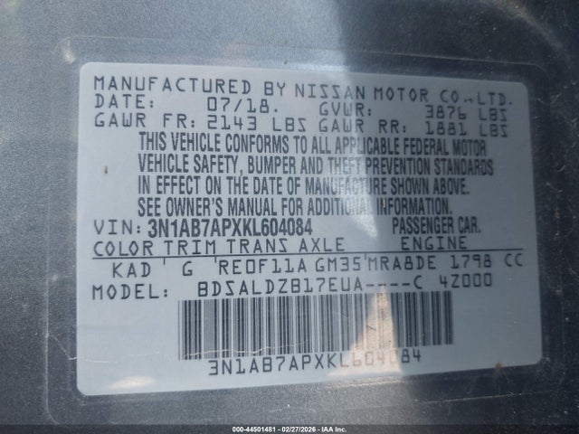 Aukcja sprzedaży 2019 Nissan Sentra Sv, vin: 3N1AB7APXKL604084, numer aukcji: 44501481