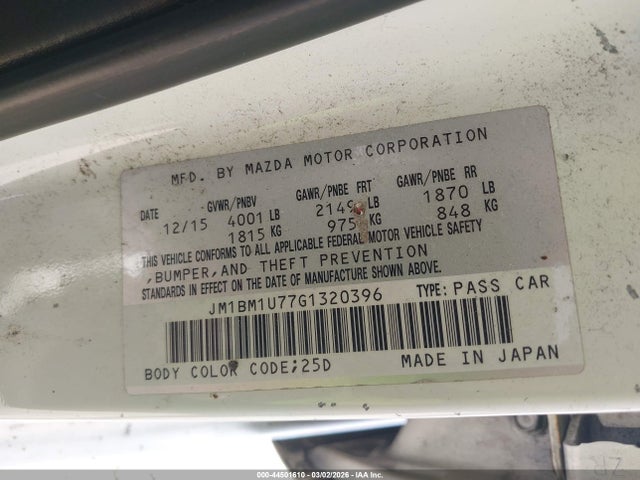 44501610 :رقم المزاد ، JM1BM1U77G1320396 vin ، 2016 Mazda Mazda3 I Sport مزاد بيع