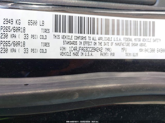 Aukcja sprzedaży 2012 Jeep Grand Cherokee Laredo, vin: 1C4RJFAG3CC294242, numer aukcji: 44501611