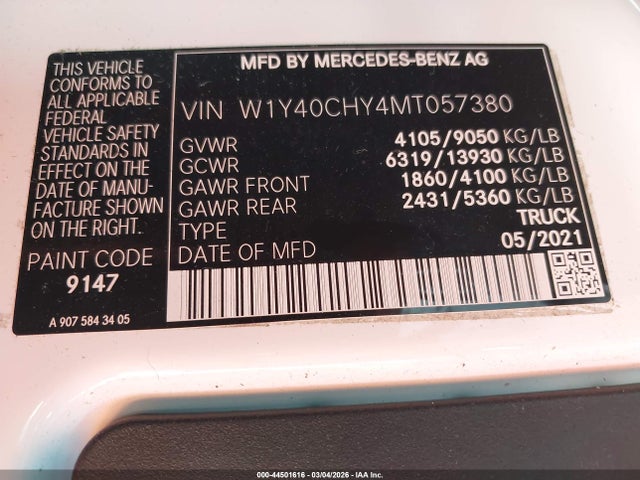 Продажа на аукционе авто 2021 Mercedes-benz Sprinter 2500 High Roof I4, vin: W1Y40CHY4MT057380, номер лота: 44501616