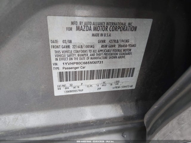 44501644 :رقم المزاد ، 1YVHP80C685M30731 vin ، 2008 Mazda Mazda6 I Sport Ve مزاد بيع