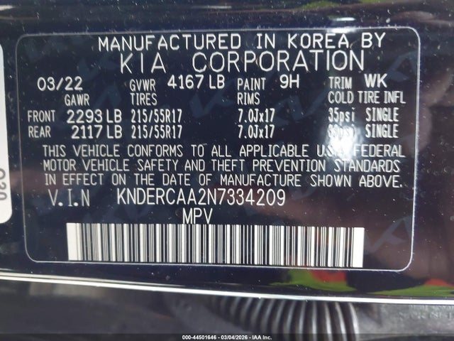 Aukcja sprzedaży 2022 Kia Seltos Ex, vin: KNDERCAA2N7334209, numer aukcji: 44501646