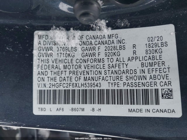 Aukcja sprzedaży 2020 Honda Civic Lx, vin: 2HGFC2F6XLH539543, numer aukcji: 44501647