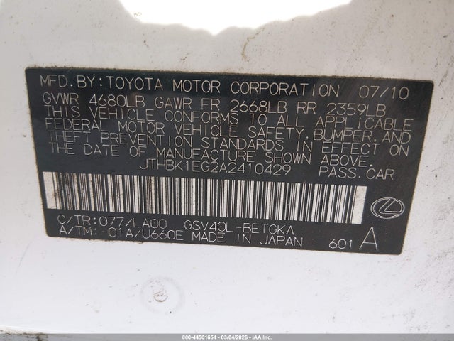 Aukcja sprzedaży 2010 Lexus Es 350, vin: JTHBK1EG2A2410429, numer aukcji: 44501654