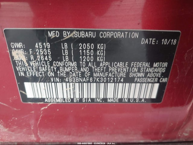 Продажа на аукционе авто 2019 Subaru Legacy 2.5i Premium, vin: 4S3BNAF67K3012174, номер лота: 44501665
