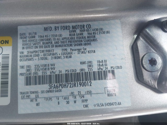 Ford FUSION SE 2018 3FA6P0H72JR190012 Image 9