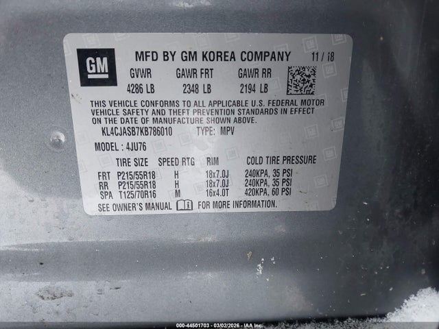 2019 Buick Encore Fwd Preferred მანქანა იყიდება აუქციონზე, vin: KL4CJASB7KB786010, აუქციონის ნომერი: 44501703