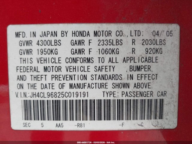 Aukcja sprzedaży 2005 Acura Tsx, vin: JH4CL96825C019191, numer aukcji: 44501726