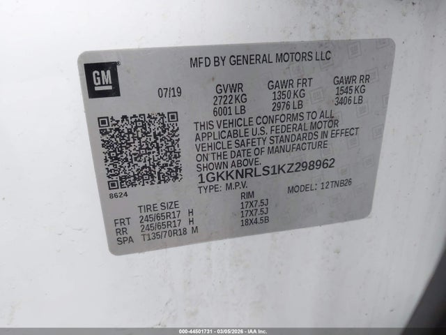 Aukcja sprzedaży 2019 Gmc Acadia Sle-1, vin: 1GKKNRLS1KZ298962, numer aukcji: 44501731