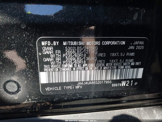 Aukcja sprzedaży 2025 Mitsubishi Outlander Es 2.5 S-awc, vin: JA4J4UA86SZ017950, numer aukcji: 44501812