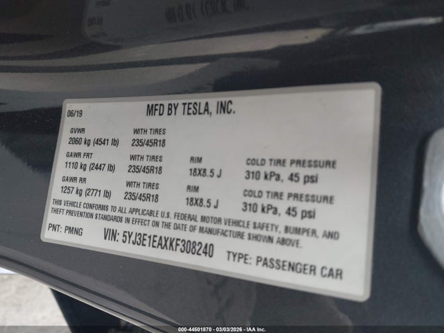 Aukcja sprzedaży 2019 Tesla Model 3 Long Range/mid Range/standard Range/standard Range Plus, vin: 5YJ3E1EAXKF308240, numer aukcji: 44501870