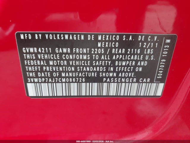 Продаж на аукціоні авто 2012 Volkswagen Jetta 2.5l Se, vin: 3VWDP7AJ7CM086726, номер лоту: 44501969