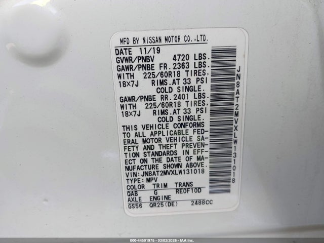 JN8AT2MVXLW131018 Nissan Rogue Sv Intelligent Awd