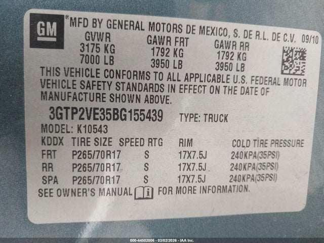 Aukcja sprzedaży 2011 Gmc Sierra 1500 Sle, vin: 3GTP2VE35BG155439, numer aukcji: 44502006