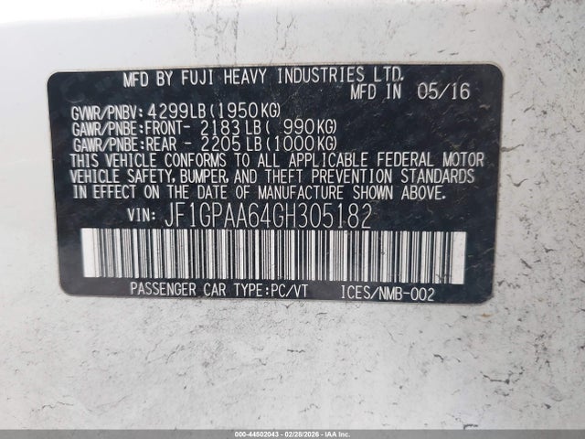 JF1GPAA64GH305182 Subaru Impreza 2.0i