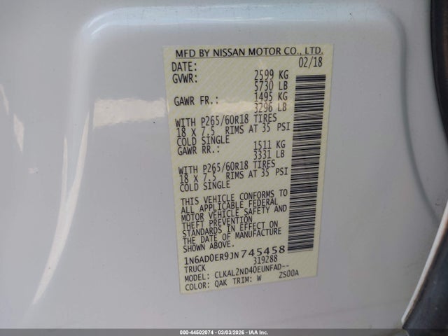 1N6AD0ER9JN745458 Nissan Frontier Sv