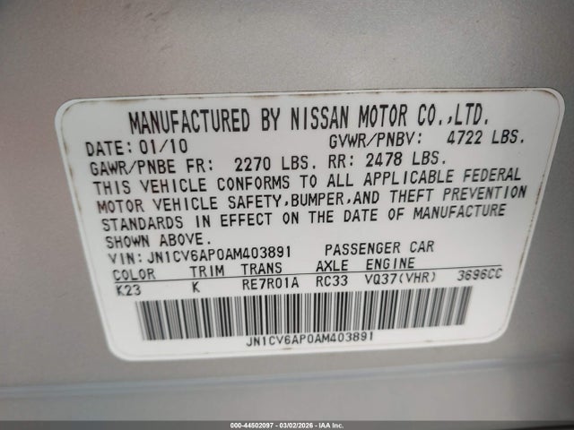 44502097 :رقم المزاد ، JN1CV6AP0AM403891 vin ، 2010 Infiniti G37 Journey مزاد بيع