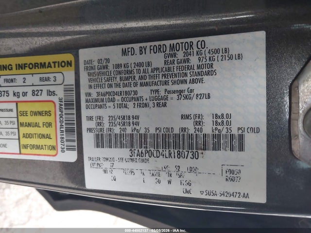 Ford FUSION SEL 2020 3FA6P0CD4LR180730 Image 9