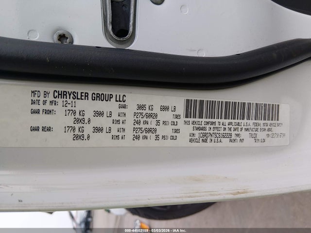 Продаж на аукціоні авто 2012 Ram 1500 Laramie, vin: 1C6RD7NT5CS162228, номер лоту: 44502159