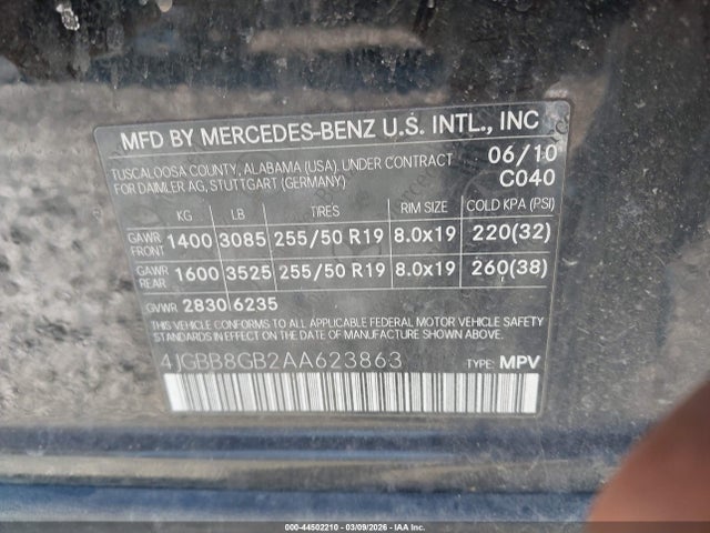 Aukcja sprzedaży 2010 Mercedes-benz Ml 350 4matic, vin: 4JGBB8GB2AA623863, numer aukcji: 44502210