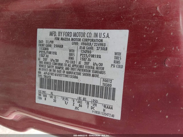 44502215 :رقم المزاد ، 4F4YR16VXYTM15586 vin ، 2000 Mazda B3000 Se/tl مزاد بيع