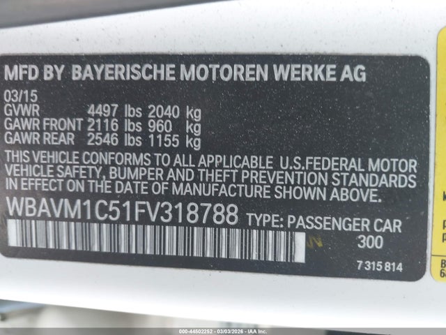 Продажа на аукционе авто 2015 Bmw X1 Sdrive28i, vin: WBAVM1C51FV318788, номер лота: 44502252