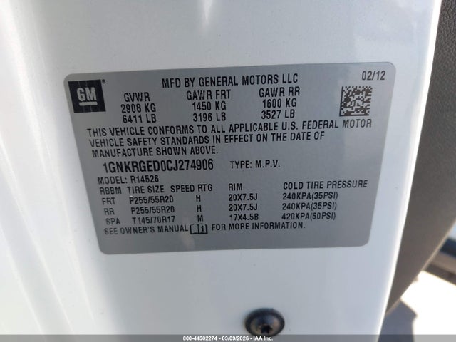 2012 CHEVROLET TRAVERSE 1GNKRGED0CJ274906 Photo 8