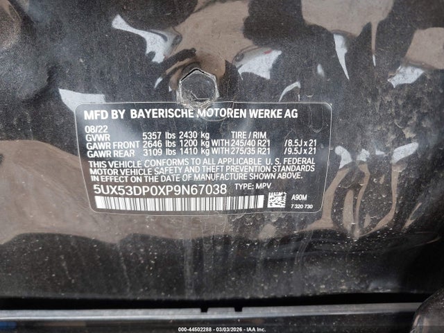 44502288 :رقم المزاد ، 5UX53DP0XP9N67038 vin ، 2023 Bmw X3 Xdrive30i مزاد بيع