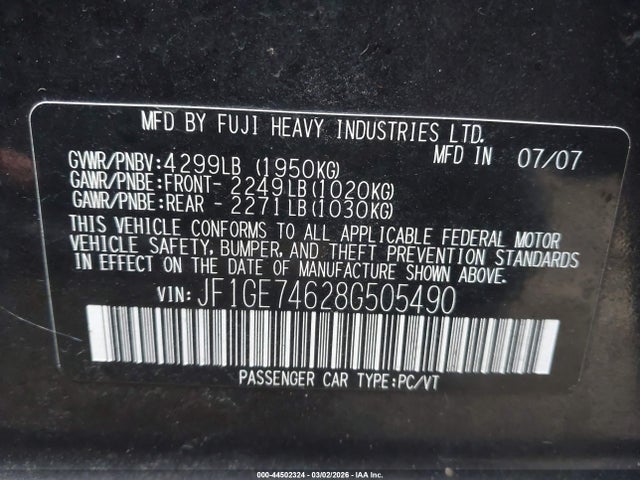 2008 Subaru Impreza Wrx მანქანა იყიდება აუქციონზე, vin: JF1GE74628G505490, აუქციონის ნომერი: 44502324