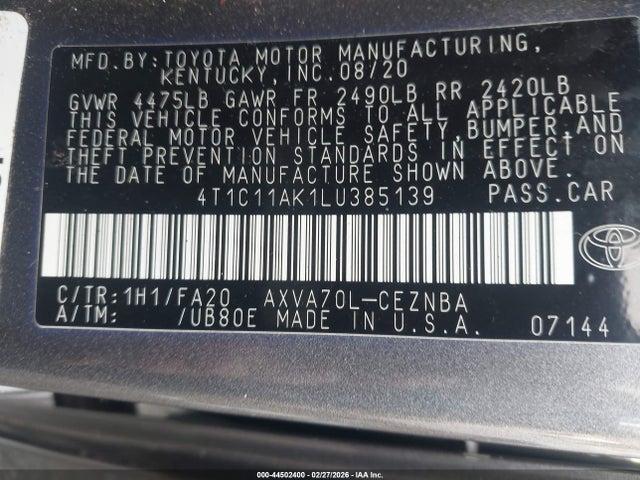 2020 TOYOTA CAMRY 4T1C11AK1LU385139 Photo 8