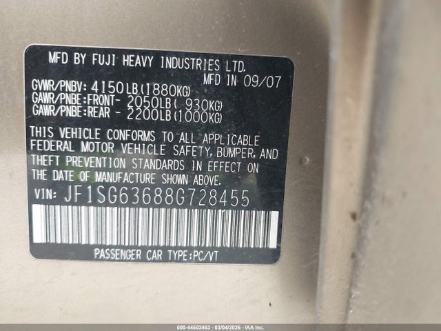 Aukcja sprzedaży 2008 Subaru Forester 2.5x, vin: JF1SG63688G728455, numer aukcji: 44502463