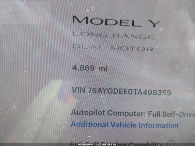 2026 Tesla Model Y Long Range Launch Series/premium All-wheel Drive მანქანა იყიდება აუქციონზე, vin: 7SAYGDEE0TA498359, აუქციონის ნომერი: 44502483