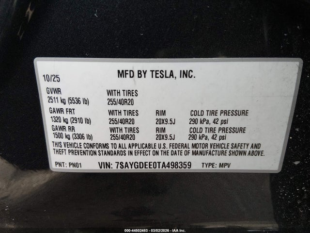 2026 Tesla Model Y Long Range Launch Series/premium All-wheel Drive მანქანა იყიდება აუქციონზე, vin: 7SAYGDEE0TA498359, აუქციონის ნომერი: 44502483