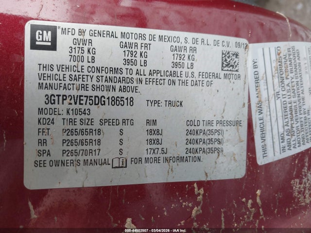 Aukcja sprzedaży 2013 Gmc Sierra 1500 Sle, vin: 3GTP2VE75DG186518, numer aukcji: 44502507