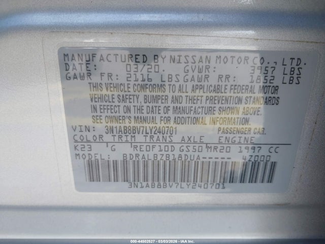 44502527 :رقم المزاد ، 3N1AB8BV7LY240701 vin ، 2020 Nissan Sentra S Xtronic Cvt مزاد بيع