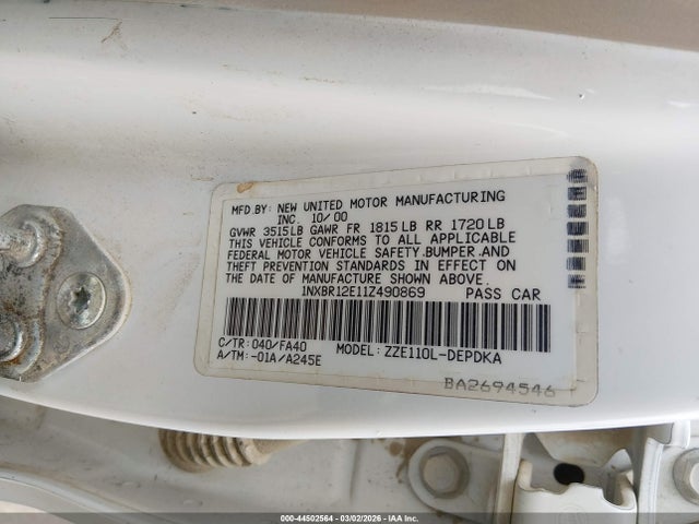 2001 TOYOTA COROLLA 1NXBR12E11Z490869 Photo 8